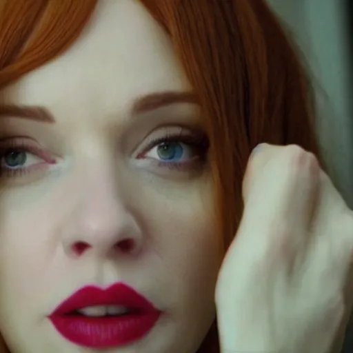 Image similar to amazing beautiful Christina Hendricks with huge puffy lips in the living room, film still from the movie directed by Denis Villeneuve , wide lens