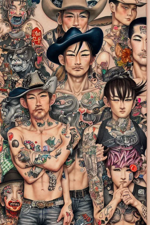 Image similar to full view, from a distance, of cowboys with tattoos, style of yoshii chie and hikari shimoda, highly detailed