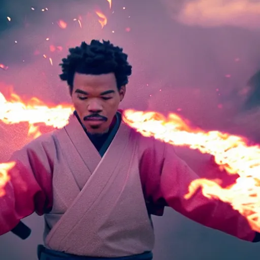 Image similar to cinematic film still of Chance The Rapper starring as a Samurai holding fire, Japanese CGI, VFX, 2022, 40mm lens, shallow depth of field, film photography