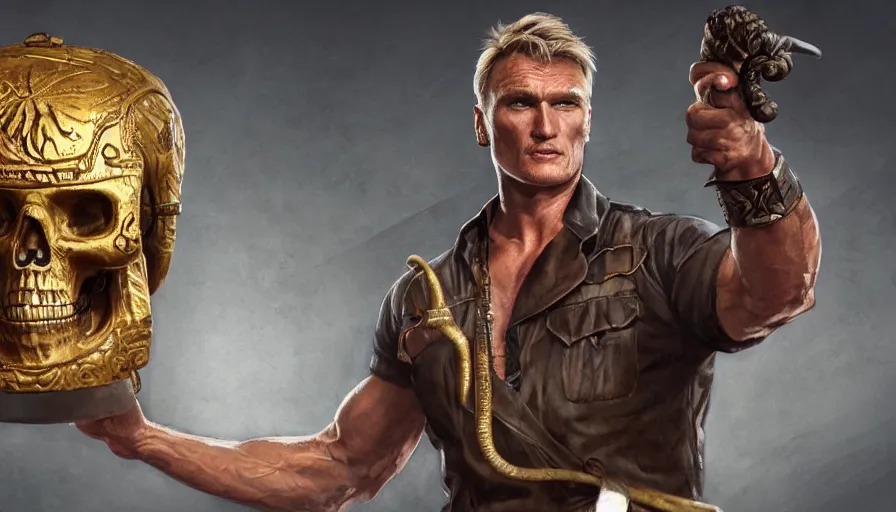 Image similar to dolph lundgren as indiana jones holding a whip in left hand and holding a golden mayan skull in the right hand, grey background, hyperdetailed, artstation, cgsociety, 8 k