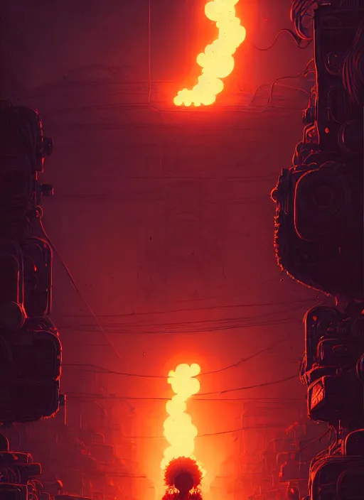 Image similar to highly detailed portrait of a wasteland long curly fire hair tribal lady, stray wiring by atey ghailan, james gilleard, by joe fenton, by greg rutkowski, by greg tocchini, by kaethe butcher, 4 k resolution, gradient red, orange, black and white color scheme!!! ( ( burning flaming robotic dystopian city background ) )