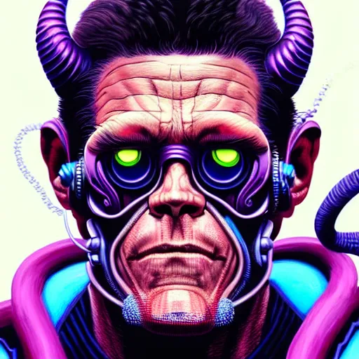 Image similar to portrait painting of a cyberpunk muscular willem dafoe with big horns, sharp focus, award - winning, trending on artstation, masterpiece, highly detailed, intricate. art by josan gonzales and moebius and deathburger