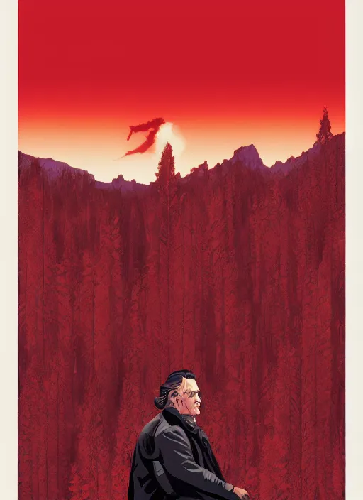 Image similar to Twin Peaks movie poster artwork by Michael Whelan and Tomer Hanuka, Rendering of crimson scales society, from a scene from Twin Peaks, clean, full of detail, Matte painting, trending on artstation and unreal engine