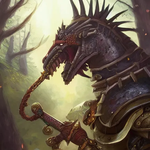 Image similar to portrait of homer simpson wearing armor, fighting a dragon in a mystical forest, dark fantasy, dnd style, mediaeval armor, highly detailed, intricate, holy, artstation, artistic