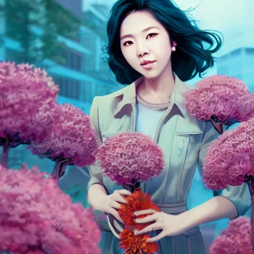 Image similar to portrait of sunny from kpop, smiling with flowers in hands. sharp focus, cinematic pose, cinematic lighting, unreal engine render. art by josan gonzales and moebius and deathburger.