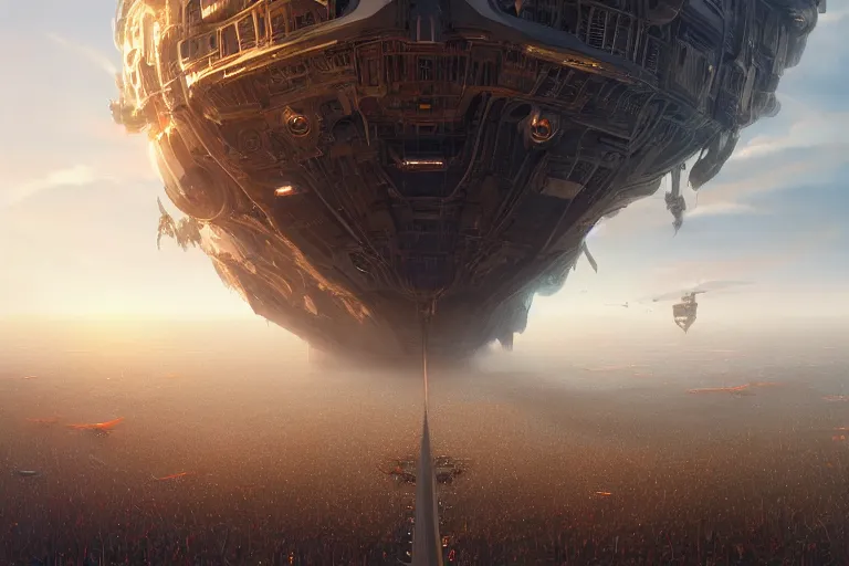 Image similar to detailed intricate digital illustration by greg rutkowski and artgerm and wlop and sanford robinson gifford ; colossal mothership vessel of immeasurable size arriving in our atmosphere, perspective of crowd of people on the ground looking up ; 1 3 mm film, wide angle ; golden hour, lens flare, trending on artstation 8 k