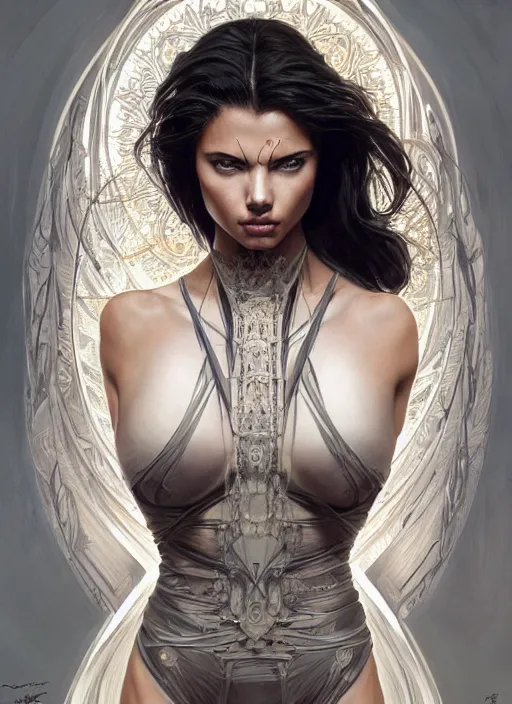 Prompt: symmetry!! adriana lima, machine parts embedded into face, intricate, elegant, highly detailed, digital painting, artstation, concept art, smooth, sharp focus, illustration, art by artgerm and greg rutkowski and alphonse mucha, 8 k