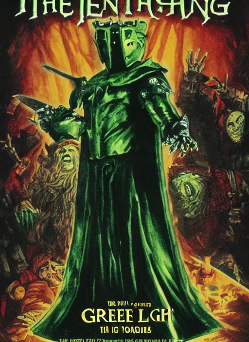 Prompt: The Green Knight (2021), 1980's VHS horror cover art, highly detailed