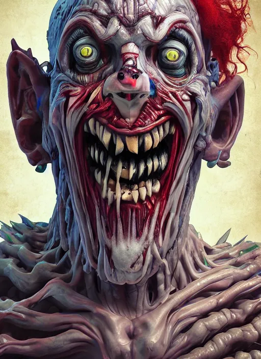 Image similar to evil horror clown, monster anatomy, ross tran, vivid colors, anatomical, highly detailed sculpture, intricate detailed, ommatidia, 8 k, cinematic atmosphere, post - processing