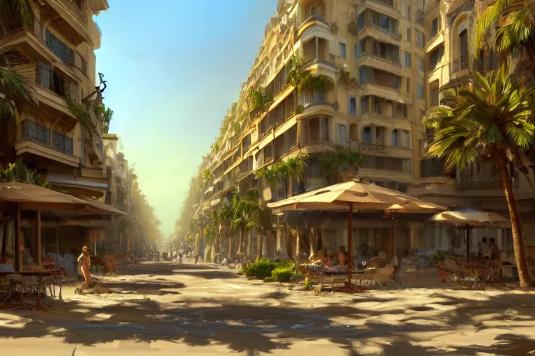 Image similar to landscape of the beautiful city of paris rebuilt near the pacific ocean in sunny california, amazing weather, sandy beach, palm trees, splendid haussmann architecture, digital painting, highly detailed, intricate, without duplication, art by craig mullins, greg rutkwowski, concept art, matte painting, trending on artstation