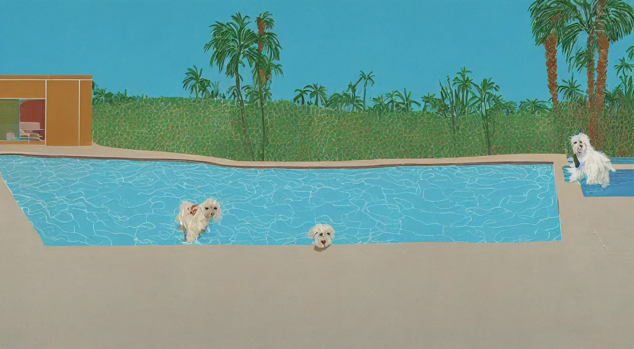 Image similar to a cream colored havanese dog swimming in a swimming pool at a mid century modern house in palm springs by david hockney