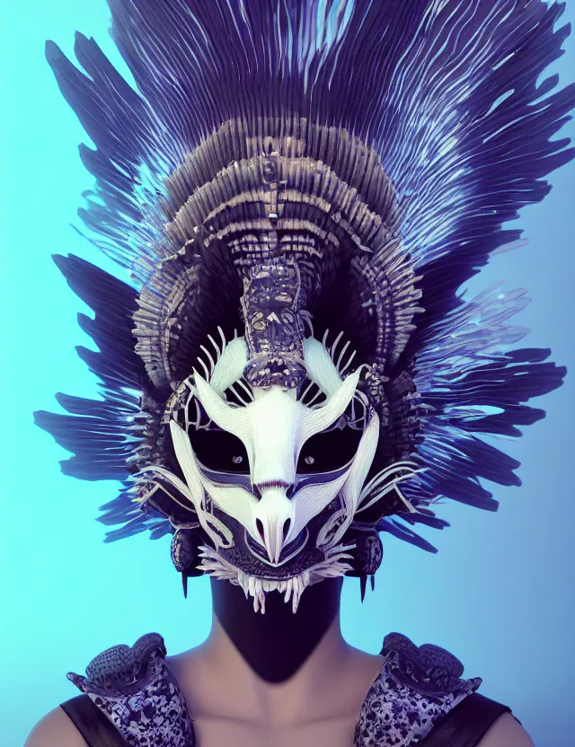 Image similar to 3 d goddess close - up profile simple portrait punk with mohawk with goat skull. beautiful intricately detailed japanese crow kitsune mask and clasical japanese kimono. betta fish, jellyfish phoenix, bio luminescent, plasma, ice, water, wind, creature, artwork by tooth wu and wlop and beeple and greg rutkowski