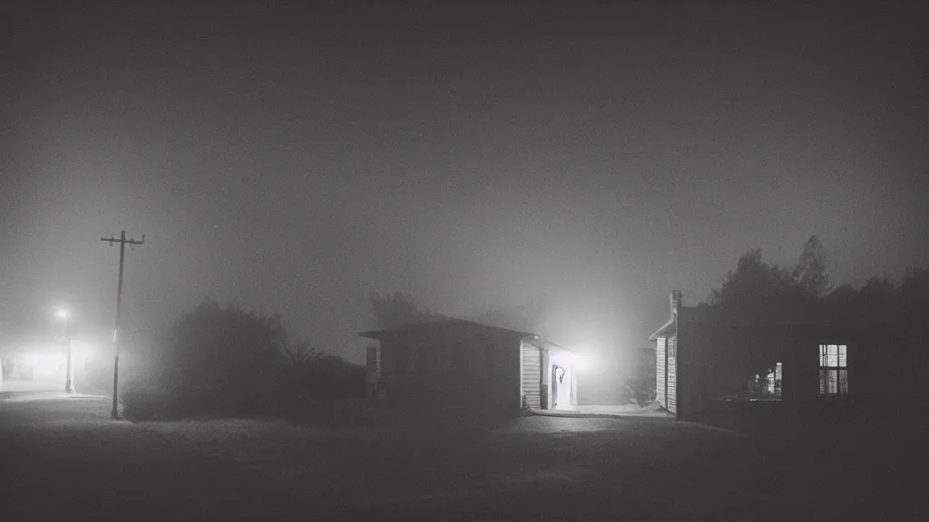 Prompt: “ quiet american neighborhood at night, a woman waiting, photography in the style of gregory crewdson, mist ”