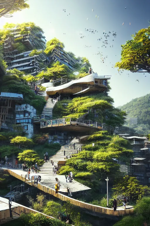 Prompt: photo of an awesome sunny day environment concept art on a cliff,, architecture by kengo kuma with village, residential area, mixed development, highrise made up staircases, balconies, full of glass facades, cgsociety, fantastic realism, artstation hq, cinematic, volumetric lighting