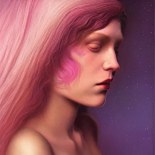 Image similar to A beautiful portrait of a woman with iridescent skin by James C. Christensen, scenic environment, pink hair