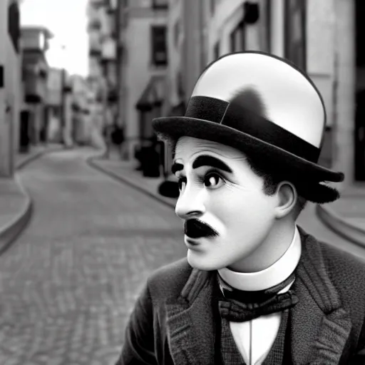 Prompt: charlie chaplin on the street, black and white color aesthetic, highly detailed, photorealistic portrait, bright studio setting, studio lighting, crisp quality and light reflections, unreal engine 5 quality render