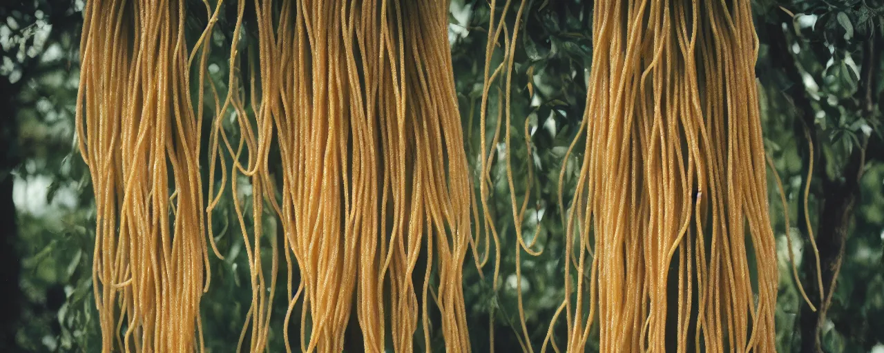 Image similar to medium angle photo of spaghetti growing on a tree, canon 5 0 mm, cinematic lighting, photography, film, retro, kodachrome