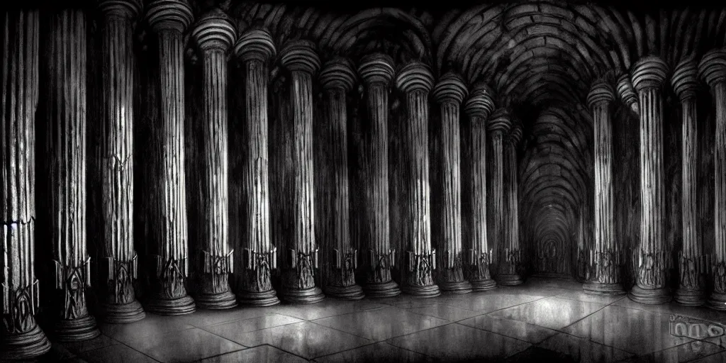 Image similar to balrog in the great hall of moria, columns along both sides of the great hall, style of h. r. giger, dark, cinematic