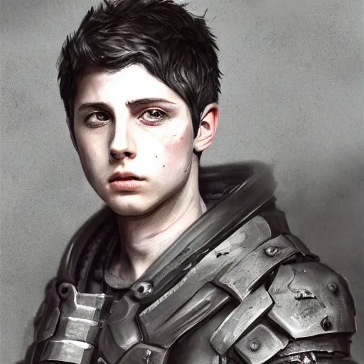 Image similar to logan lerman portrait, dystopia core, apocalyptic, armor, warrior, dramatic, sharp focus, fiction, neon, fantasy, hyper detailed, digital art, trending in artstation, cinematic lighting, studio quality, smooth render, unreal engine 5 rendered, octane rendered, art style and nixeu and wlop and krenz cushart