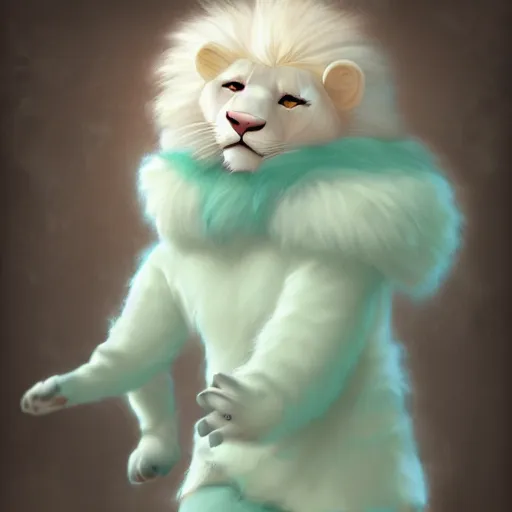 Prompt: aesthetic portrait commission of a albino male furry anthro lion wearing a cute mint colored cozy soft pastel winter outfit, winter atmosphere. character design by chunie, kristakeshi, sigmax, ross tran