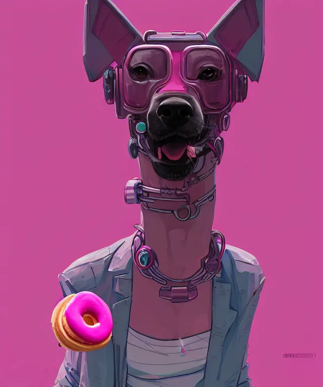 Image similar to a portrait of an anthropomorphic cyberpunk greyhound dog eating a pink donut, cyberpunk!, cyberpunk cityscape background, fantasy, elegant, digital painting, artstation, concept art, matte, sharp focus, illustration, art by josan gonzalez