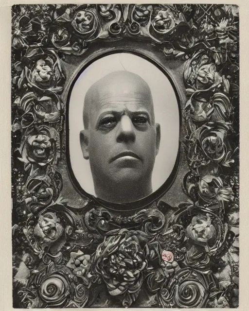 Image similar to a beautiful detailed front view portrait of homer simpson with baroque ornate growing around, flowers, plants, ornamentation, elegant, beautifully soft and dramatic lit, 1 9 1 0 polaroid photo