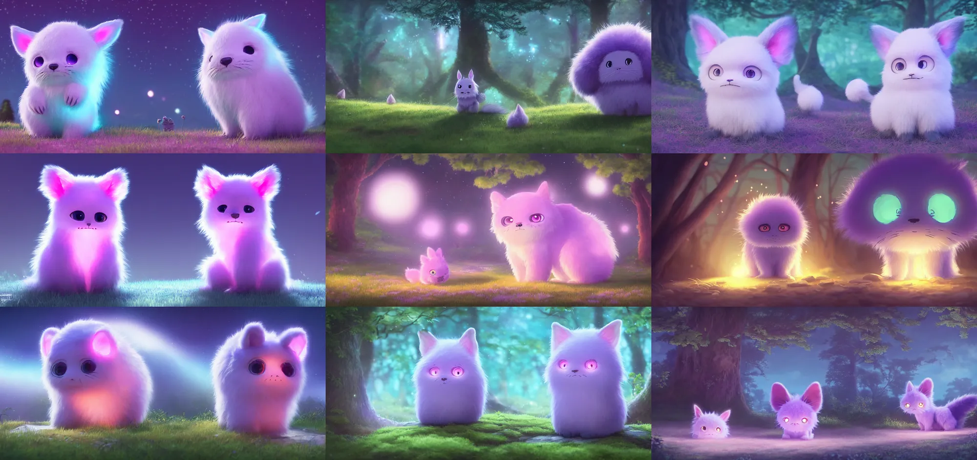 Prompt: ultra - realistic ultra - detailed adorable cute fluffy bioluminescent creature in the style of ghibli kazuo oga, pastel fur, big ears, big purple eyes, forest landscape, dof, soft lighting, unreal engine, octane render