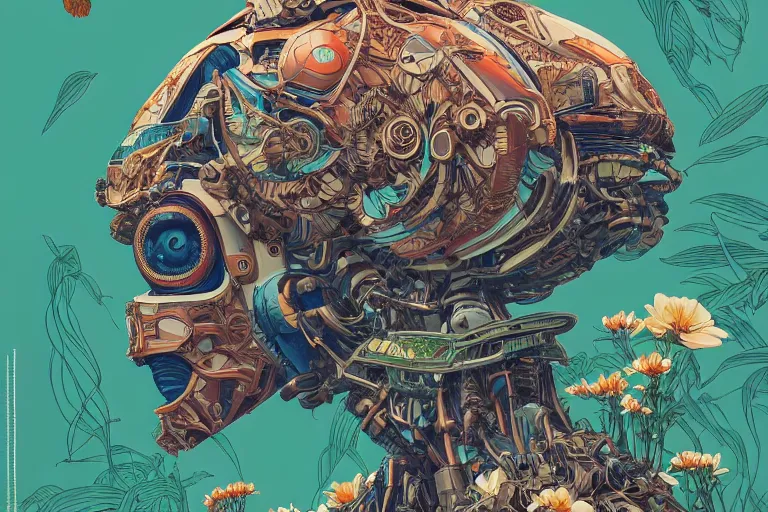 Prompt: gigantic mecha head with lot of details, a lot of exotic vegetation, trees, flowers by moebius, dull colors, junji ito, tristan eaton, victo ngai, artgerm, rhads, ross draws, hyperrealism, intricate detailed, risograph