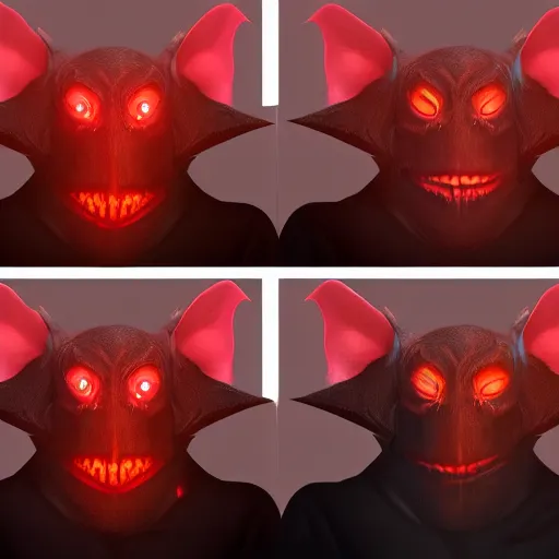 Image similar to front and back character view of scary, giant, mutant, mutated, dark blue humanoid bat, glowing red eyes, flying above a stormy ocean, sharp teeth, acid leaking from mouth, realistic, giant, bat ears, bat nose, bat claws, bat wings, furred, covered in soft fur, detailed, trending on artstation clean concept art and sheet that using unreal engine 5 render and hyper detailed 3D texture with cinematic software light 85mm f/1.4