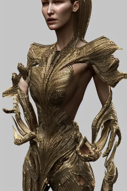 Image similar to a highly detailed metahuman 3 d render of an alien goddess bella hadid in iris van herpen dress schiaparelli in diamonds and jewelry in style of alphonse mucha trending on artstation made in unreal engine 4