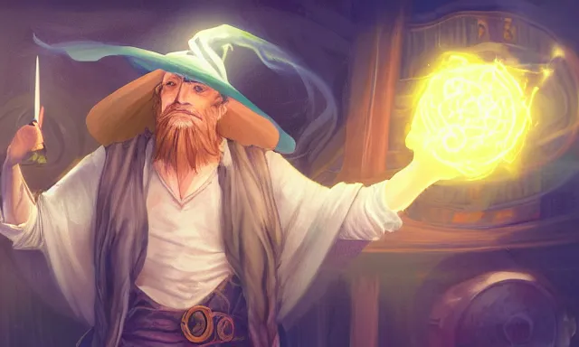Image similar to 🧙‍♂️ Character art of a D&D wizard doing magic in his laboratory, with a blond beard and curly hair and a wide-brimmed straw hat, concept art, digital art
