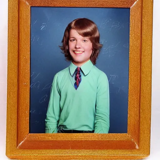 Prompt: tacky school portrait from the 70s, dusty old photo,