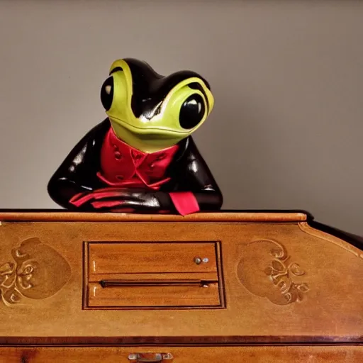 Prompt: 2 0 megapixels, aristocratic, vintage photo of an anthropomorphic perfect frog wearing a perfect suit sitting behind a perfect victorian desk, 1 9 4 0, professional photography, ultra detailed, beautiful, precise, close up