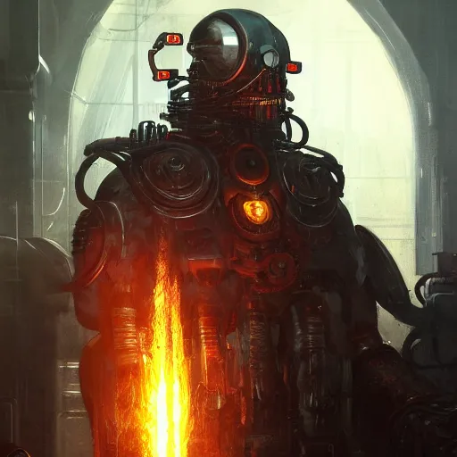 Image similar to portrait of adeptus mechanicus techpriest at a forge, by cedric peyravernay and feng zhu, highly detailed, excellent composition, cinematic concept art, dramatic lighting, trending on artstation