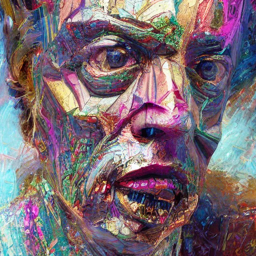 Prompt: a realistic octane render of steve buscemi, physically based rendering of chrome plated steve buscemi, trending on artstation, by archan nair and marlene dumas, intricate details, gilded, in the style of frank auerbach