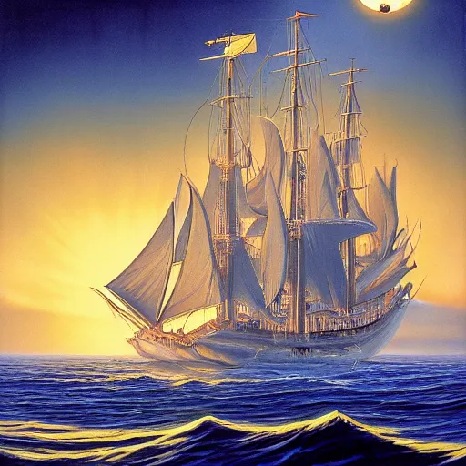 Prompt: A pirate on the high seas that has magical pearlescent shimmering see through sails, painting by David A Hardy