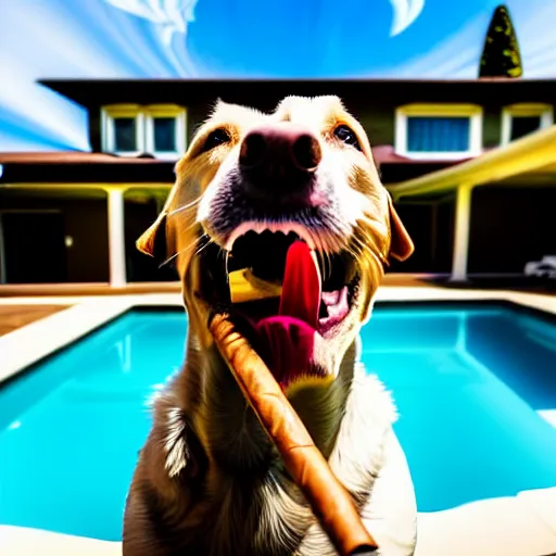 Image similar to a very detailed photo of a dog smoking a cigar outside the mansion by the pool