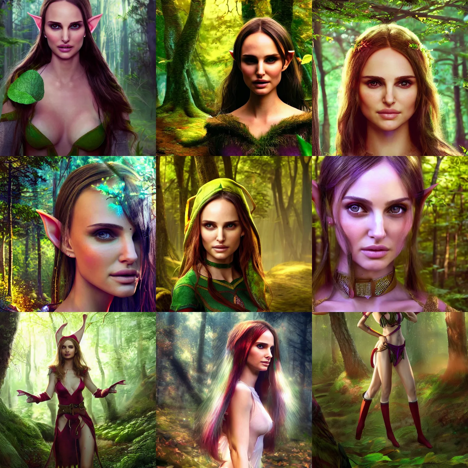 Prompt: elf girl (model: Natalie Portman), in a forest, long elf ears, ethereal, colorful, portrait, fantasy, artstation, 4k, Unreal Engine, photorealism, cinematic wallpaper