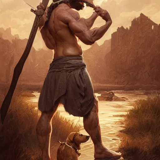 Image similar to portrait of a gruff ranger carrying the holy lance of longinus, Cain, muscular, hairy body, with a dog, intricate, elegant, highly detailed, digital painting, artstation, concept art, matte, sharp focus, illustration, art by Artgerm and Greg Rutkowski and Alphonse Mucha