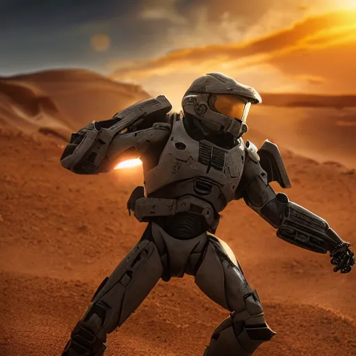 Image similar to ultra realistic on location photograph of master chief on a desert planet. epic image. action pose. explosions. sunrise. canon. carl zeiss