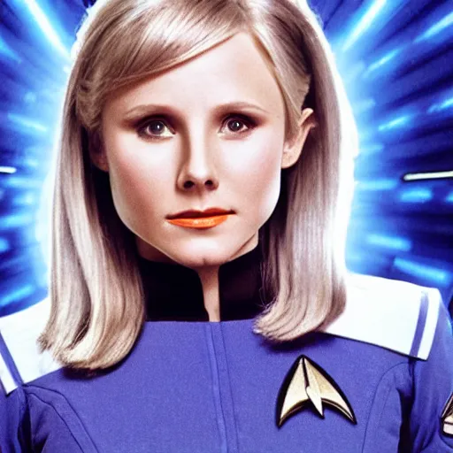 Prompt: a beautiful full body photograph of a younger kristen bell as a star fleet officer from star trek next generation, extreme realism and detail, 8 k, completely framed, direct lighting, 3 5 mm photo, photorealistic, sharp focus