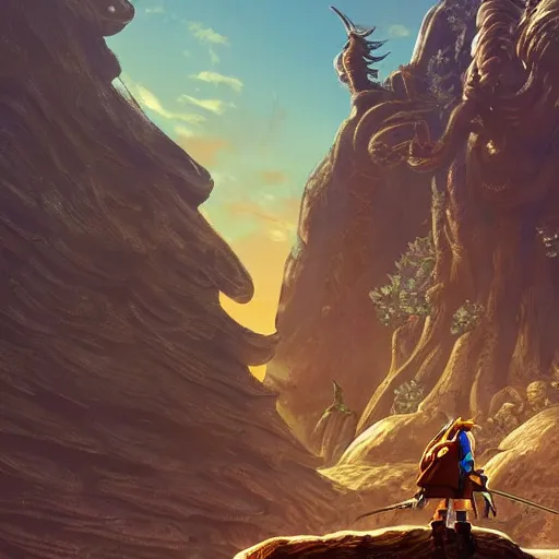 Image similar to An enormous labyrinth, Beautiful architecture, Statues, Highly detailed carvings, Atmosphere, Dramatic lighting, Epic composition, Close up, Low angle, Wide angle, by Miyazaki, Nausicaa Ghibli, Breath of The Wild