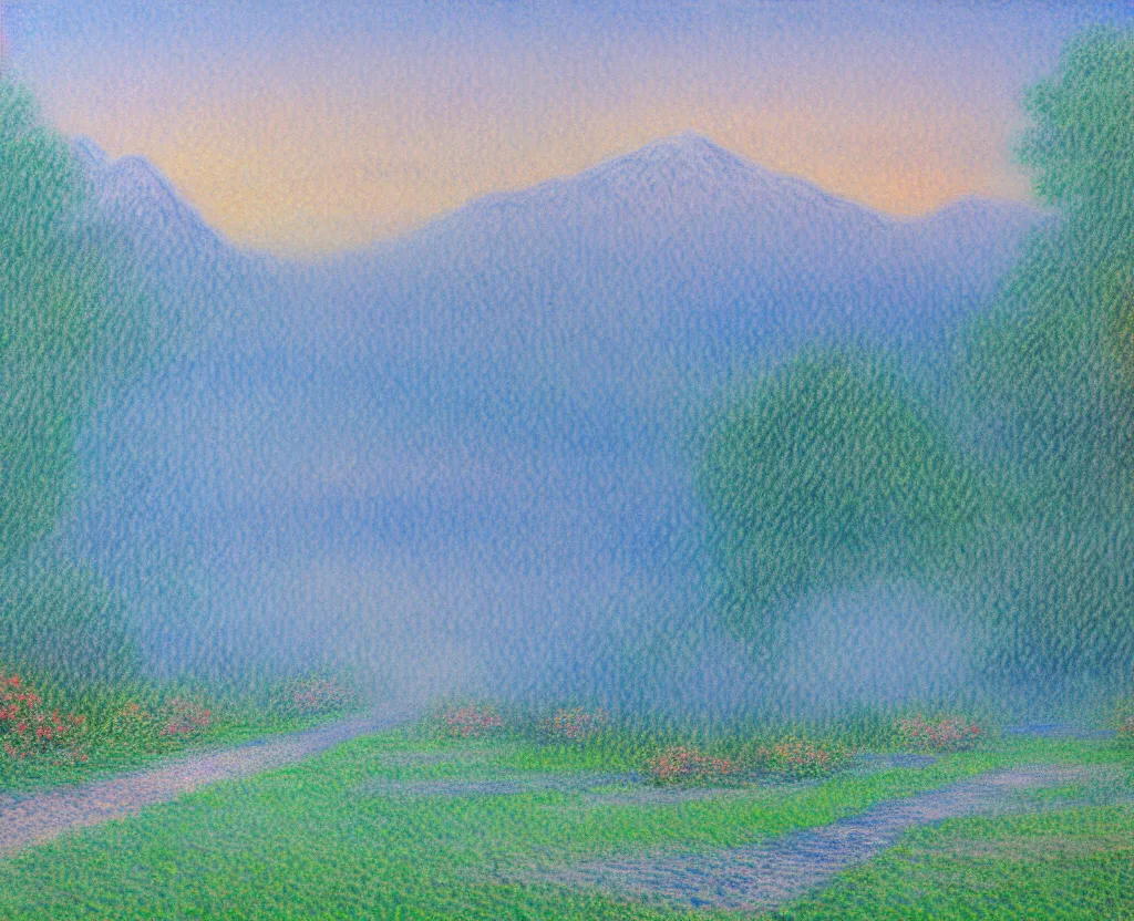 Image similar to a landscape pastel in the style of noriyoshi ohrai and monet of a blue reflective path to some misty mountains in the background. along the path stands pillars that reflect in the water. key art. 4 k fantasy