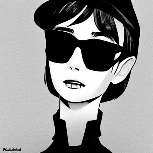 Prompt: beautiful anime version of audrey hepburn with hat and dark sunglasses covering her eyes from breakfast at tiffany's. drawn by ilya kuvshinov