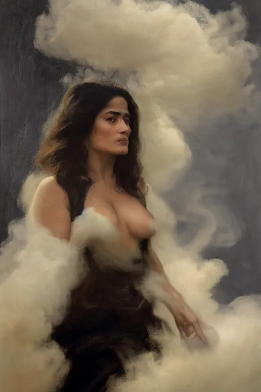 Prompt: 4k Detailed portrait by John Singer Sargent of Salma Hayek shrouded in a cloud of smoke