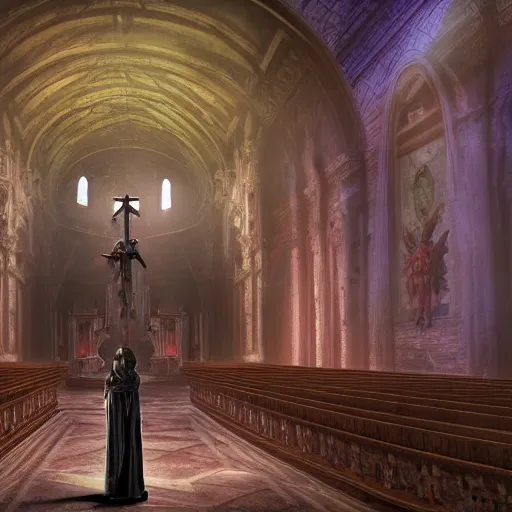 Image similar to link from zelda manifests in an abandoned church at the vatican, 8 k, soft lighting, hdr, octane render, hr giger cinematic, red fluid on walls of the church, smoke, yasushi nirasawa style photorealistic, bokeh