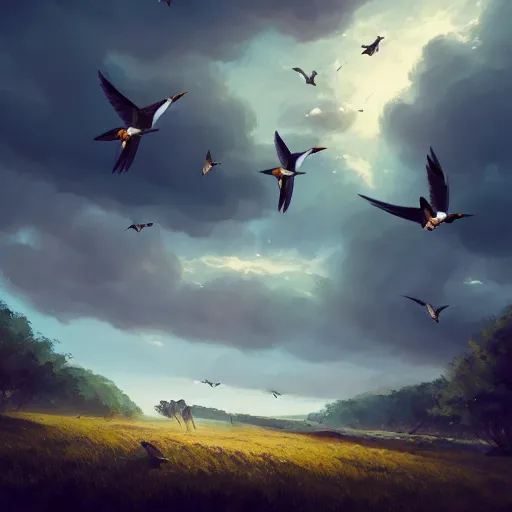 Image similar to flock of swallow birds flying in avila, golondrinas, green fields, spring season, 4 k, midday light, concept art, by wlop, ilya kuvshinov, artgerm, krenz cushart, greg rutkowski, pixiv. cinematic dramatic atmosphere, sharp focus, volumetric lighting, cinematic lighting, studio quality