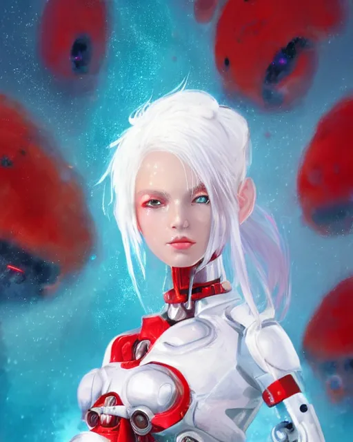 Image similar to cyborg girl with white hair and red clothes, alien hive, honey decorations, dreamy, beautiful illustration, scifi, radiant, atmosphere, harmony, top lighting, blue eyes, focused, perfect composition, artstation, highly detailed, art by yuhong ding and chengwei pan and serafleur and ina wong