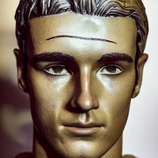 Image similar to “ a realistic detailed photo of a guy who is an attractive humanoid who is half robot and half humanoid, who is a male android, soccer player antoine griezmann, shiny skin, posing like a statue, blank stare, at the museum, on display ”