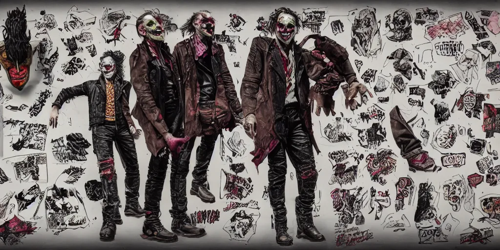 Prompt: the joker as a wanderer with his neck fully tattooed, wearing a scratched leather and ripped leather jeans, wearing an aviator outfit with a colorful stamp on its back, character sheet, fine details, props, concept design, contrast, kim jung gi, greg rutkowski, trending on artstation, 8 k, full body, turnaround, front, back, ultra wide angle